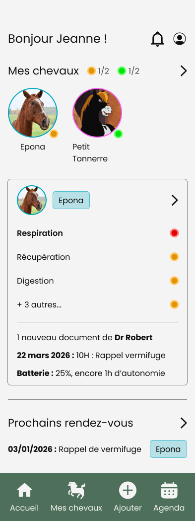 Page d'accueil de Hippios avec les données de santé critiques