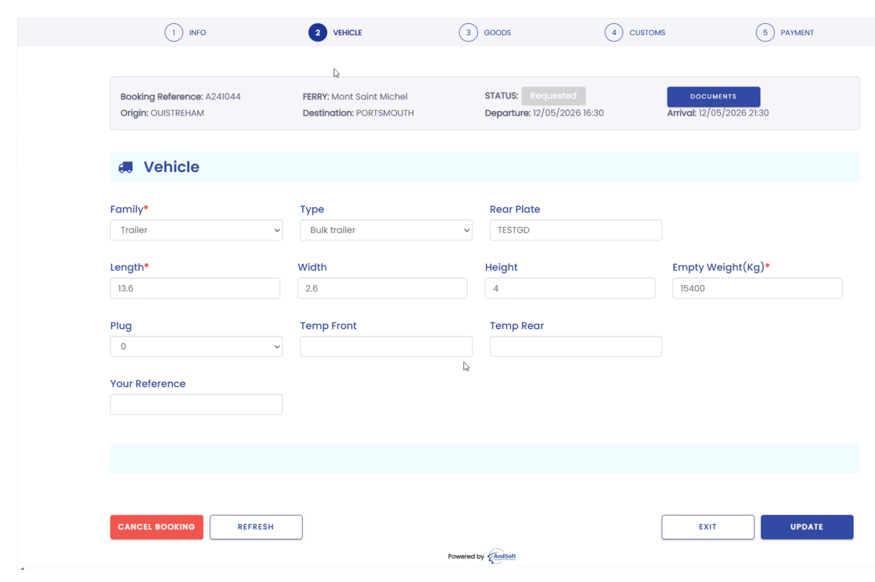 Ancien écran de la plateforme pour éditer les véhicules
